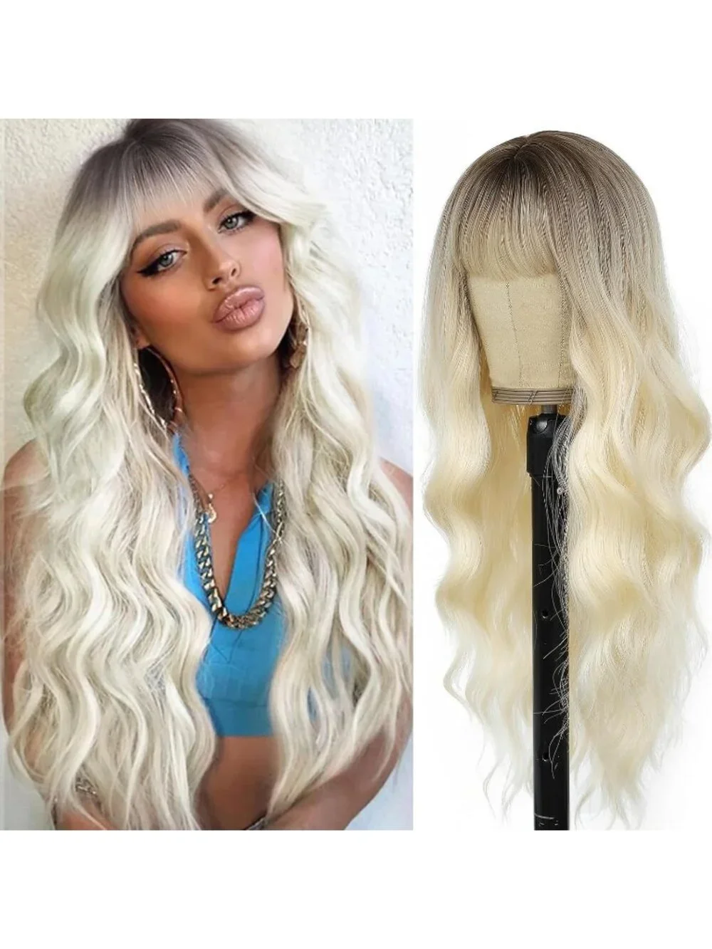 Women Platinum Blonde 26 Inch Natural Looking Heat Resistant Synthetic Wigs Bang